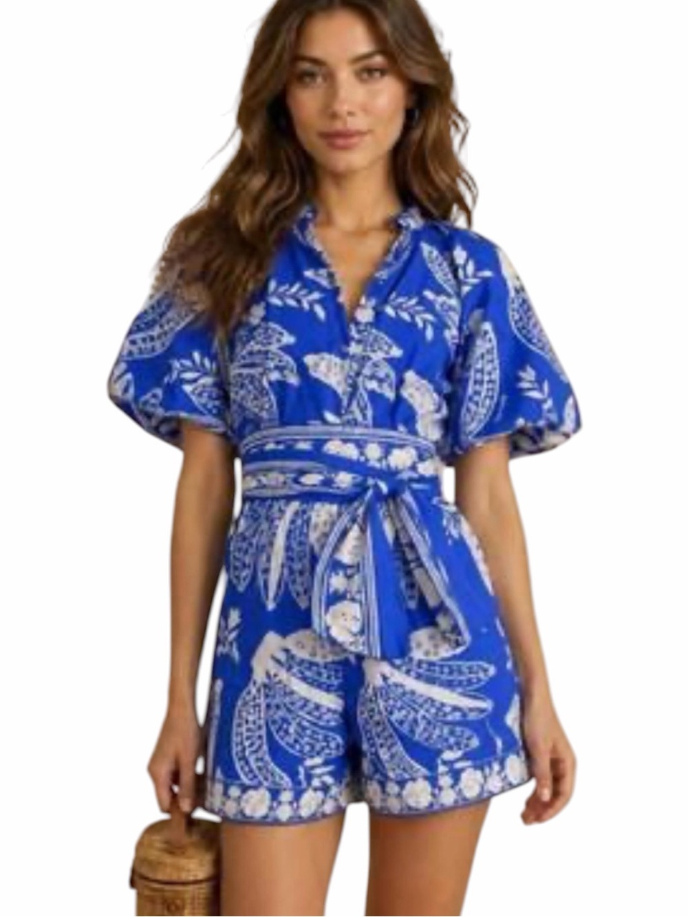 Farm Rio Blue Lace Banana Printed Short Sleeve Romper with Sash. Size M, NWT.